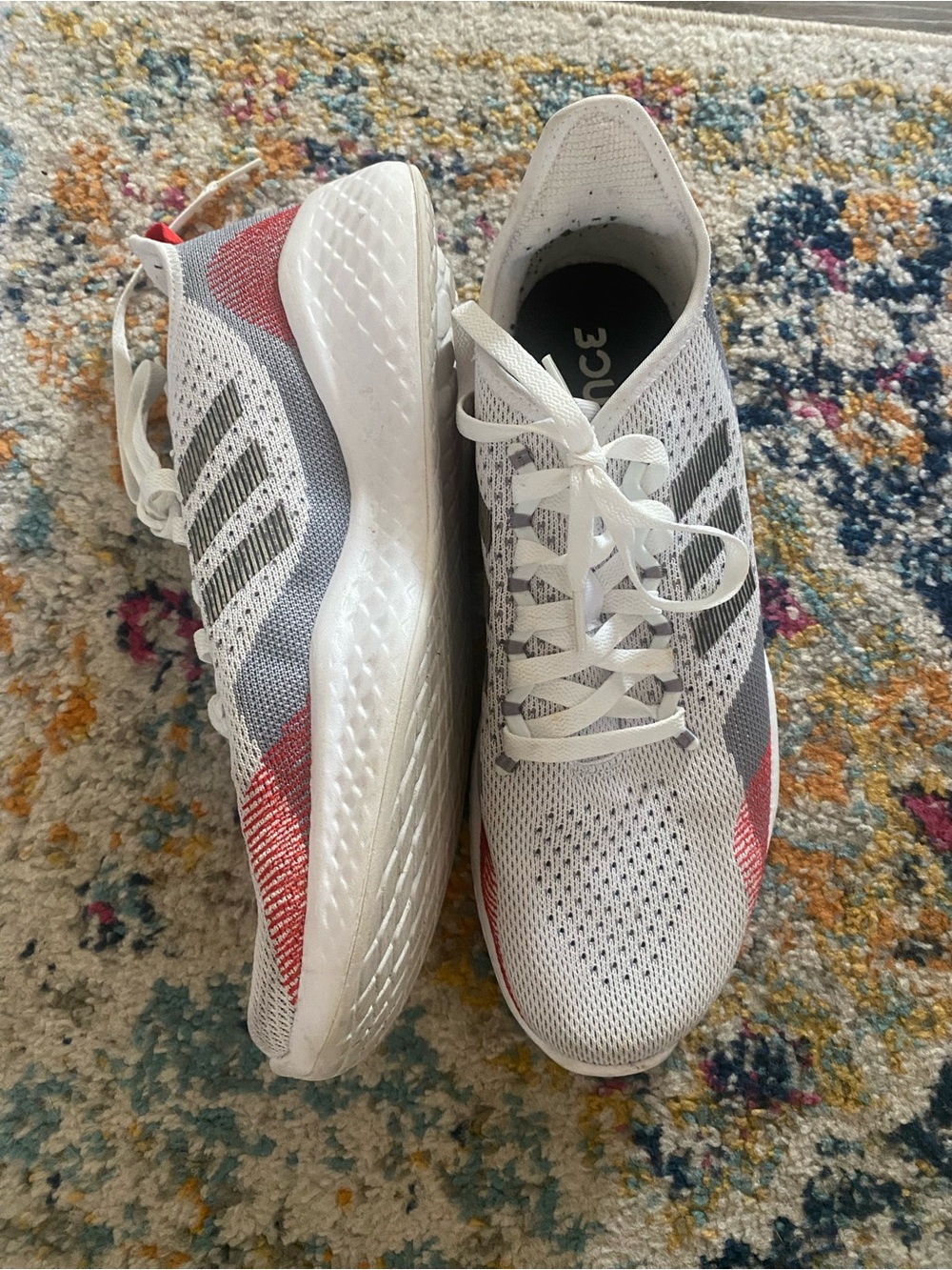 adidas White, Gray & Red Men's Knit Athletic Running Shoes